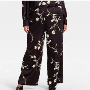 Women's Brown & Cream Floral Satin Low-Rise Pull-On Pants